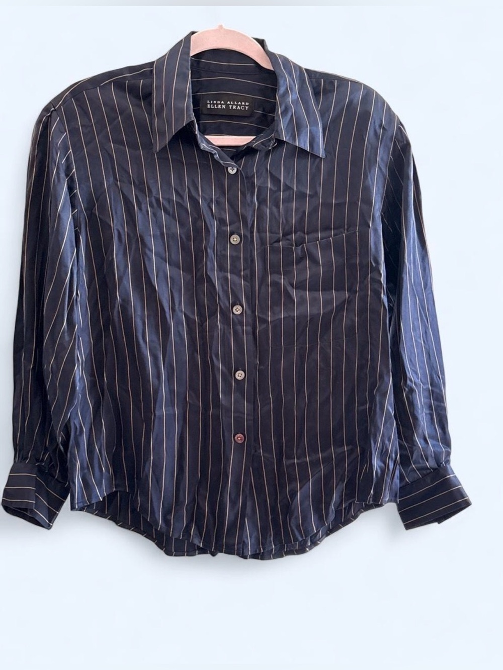 Linda Allard Ellen Tracy Silk Button Down Shirt Size 10 Pinstripe